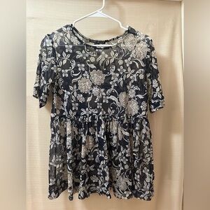 Como Black Floral Mesh Babydoll Top Sheer Short Sleeve XS